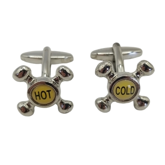 Cuff Links Silver Tone Novelty Mens Plumber Hot And Cold Faucets Gift - Picture 1 of 7